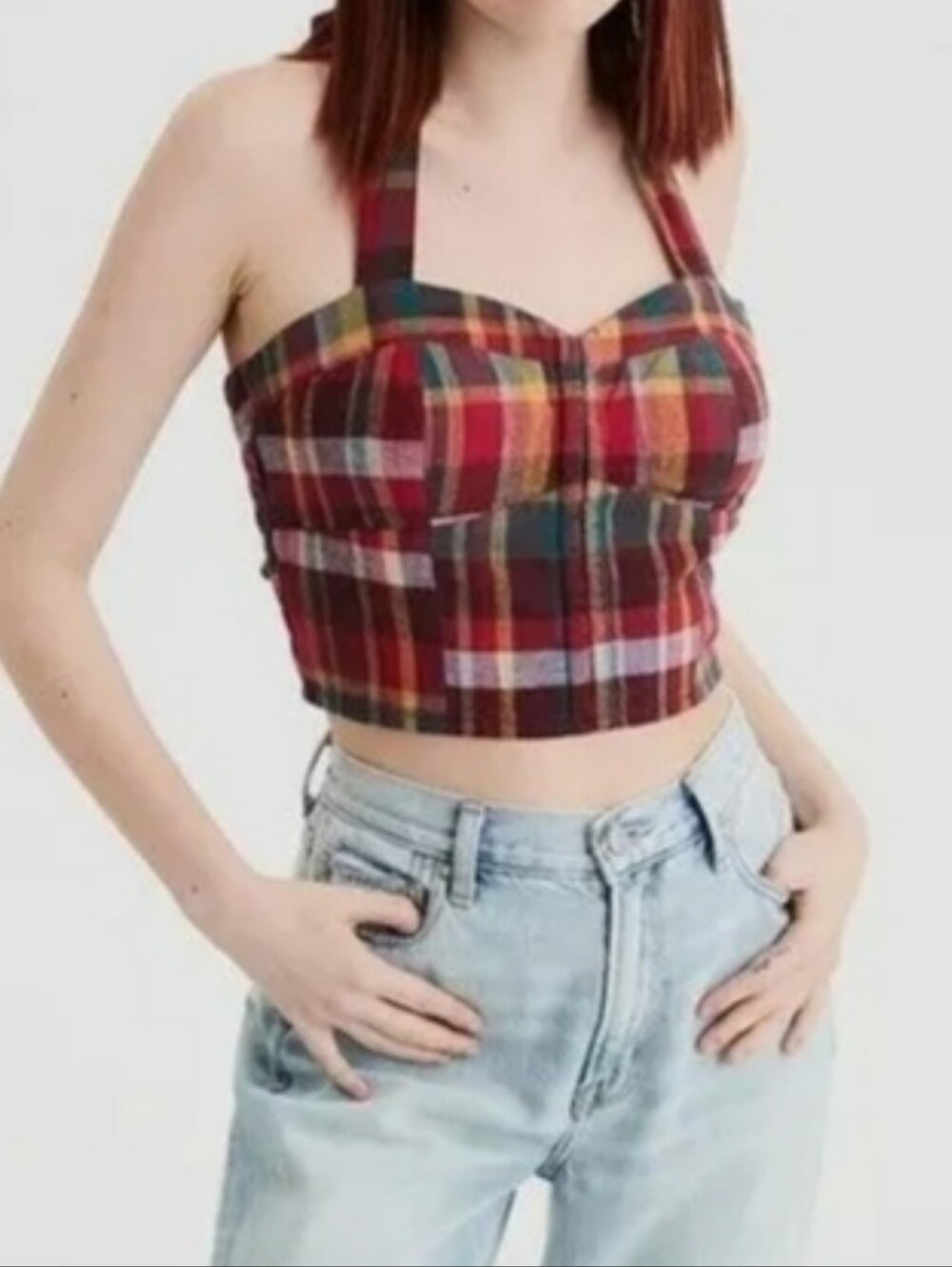 Plaid Bustier Halter Cropped Top Size XL Smocked Back Festival‎ Indie Cowgirl